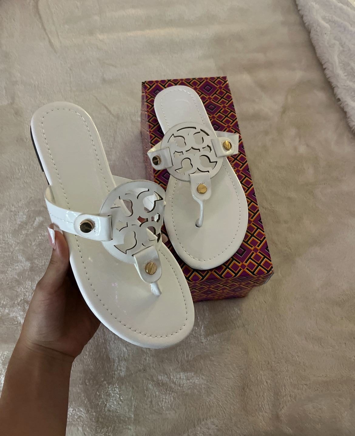 white glossy tor buch sandals